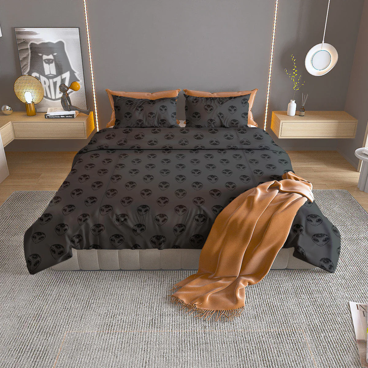 Alien Face Grey Print Pattern Duvet Cover Bedding Set