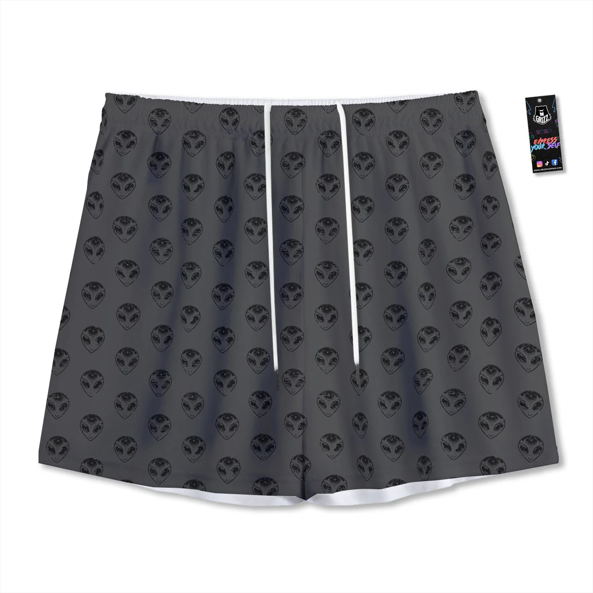 Alien Face Grey Print Pattern Mesh Shorts