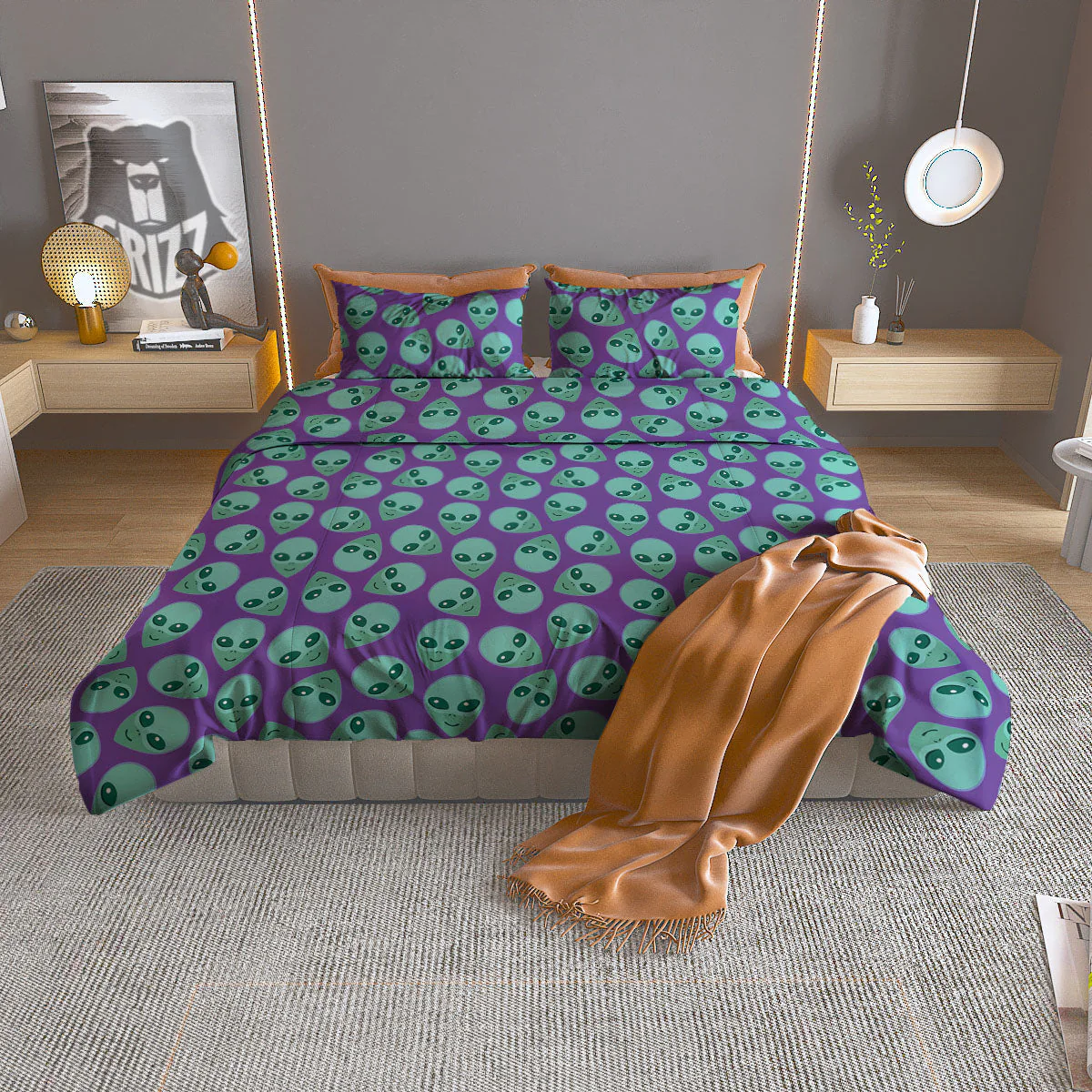 Alien Face Purple Print Pattern Duvet Cover Bedding Set