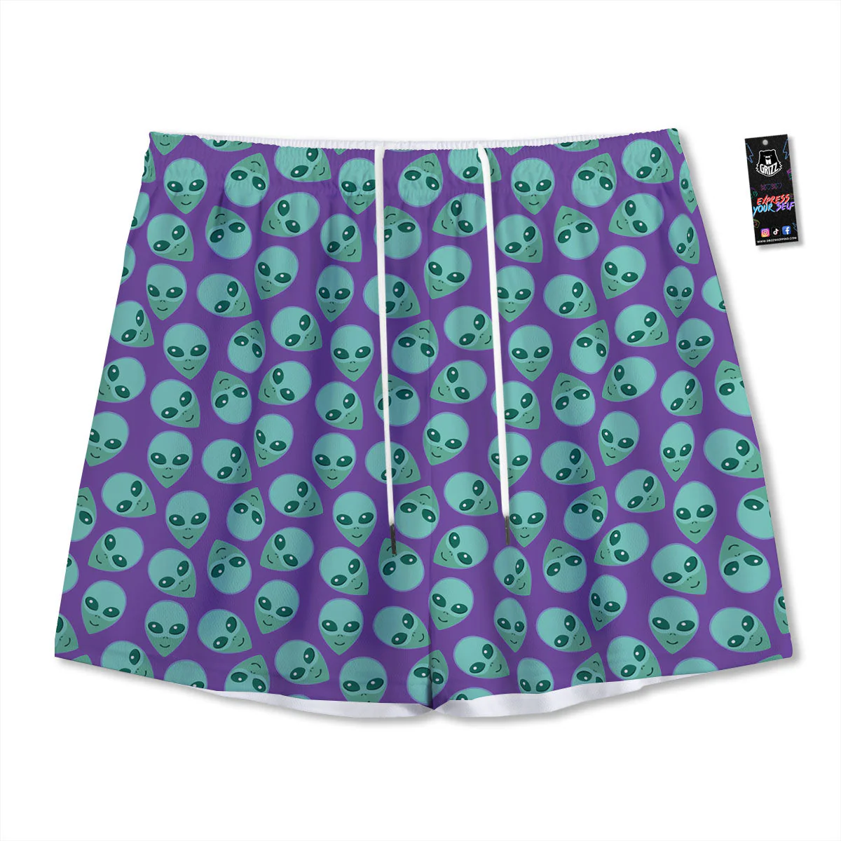Alien Face Purple Print Pattern Mesh Shorts