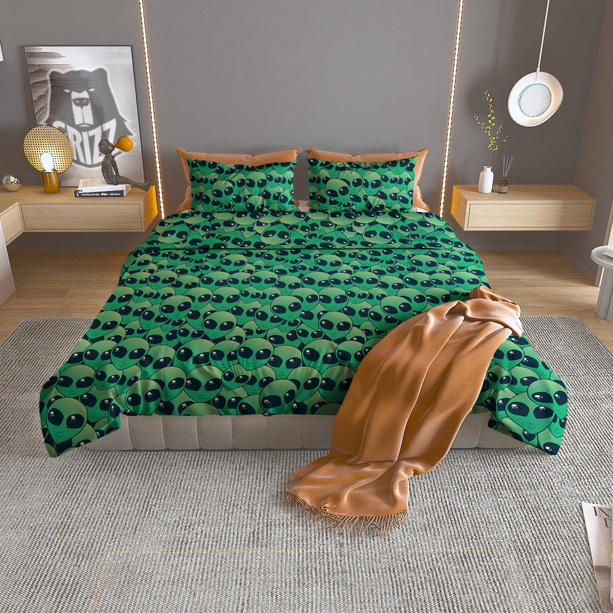 Alien UFO Green Cute Print Duvet Cover Bedding Set