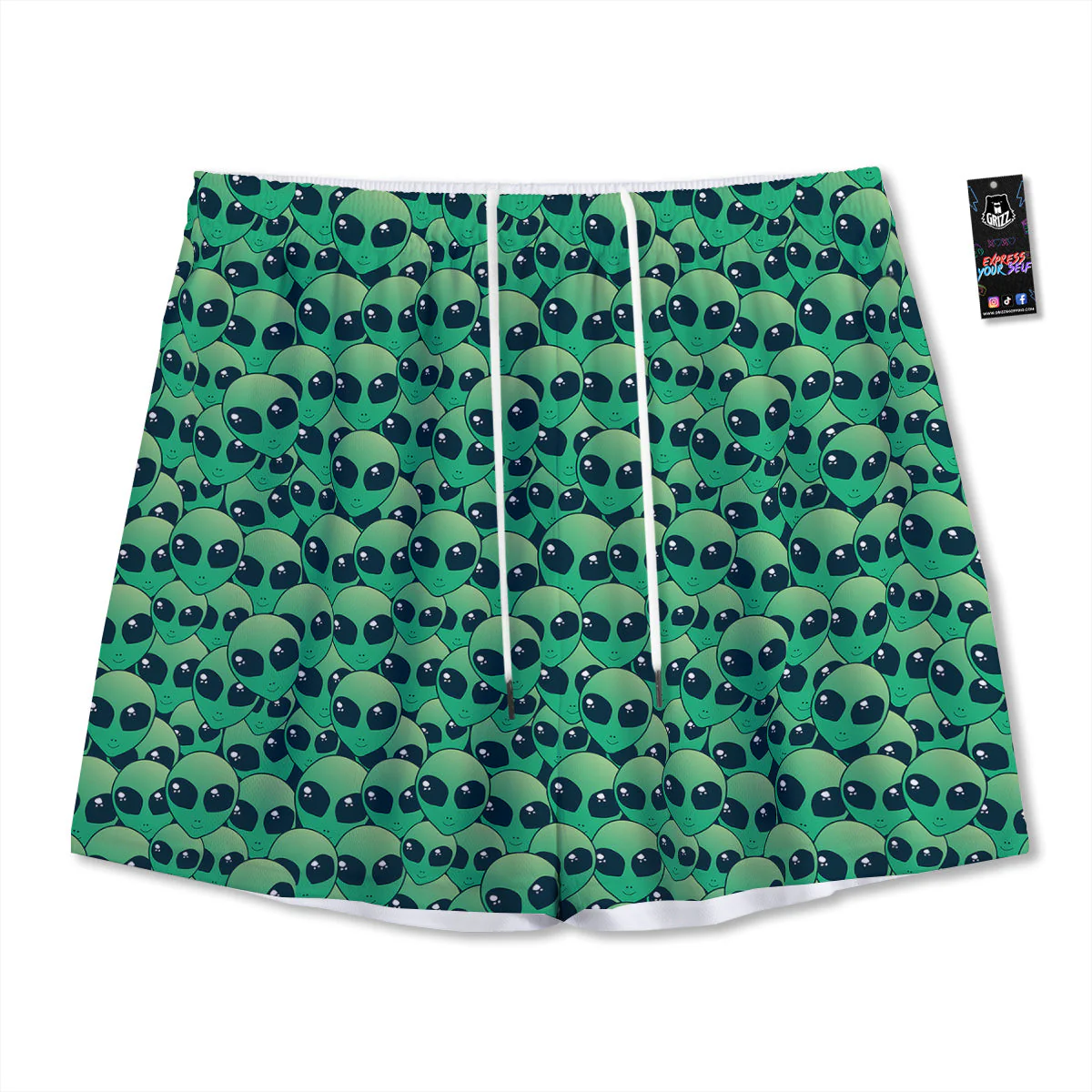 Alien UFO Green Cute Print Mesh Shorts