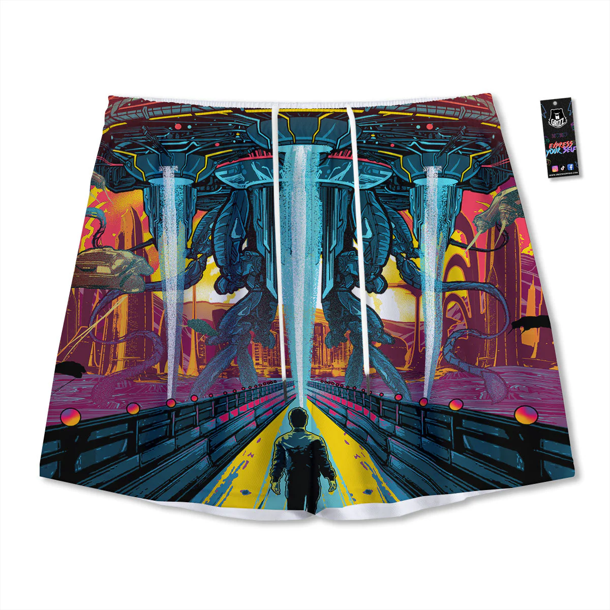 Aliens Invade earth Print Mesh Shorts