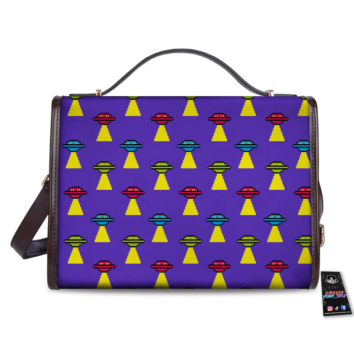 Aliens UFO Pixel Print Pattern Women's Satchel Bag - Image 2