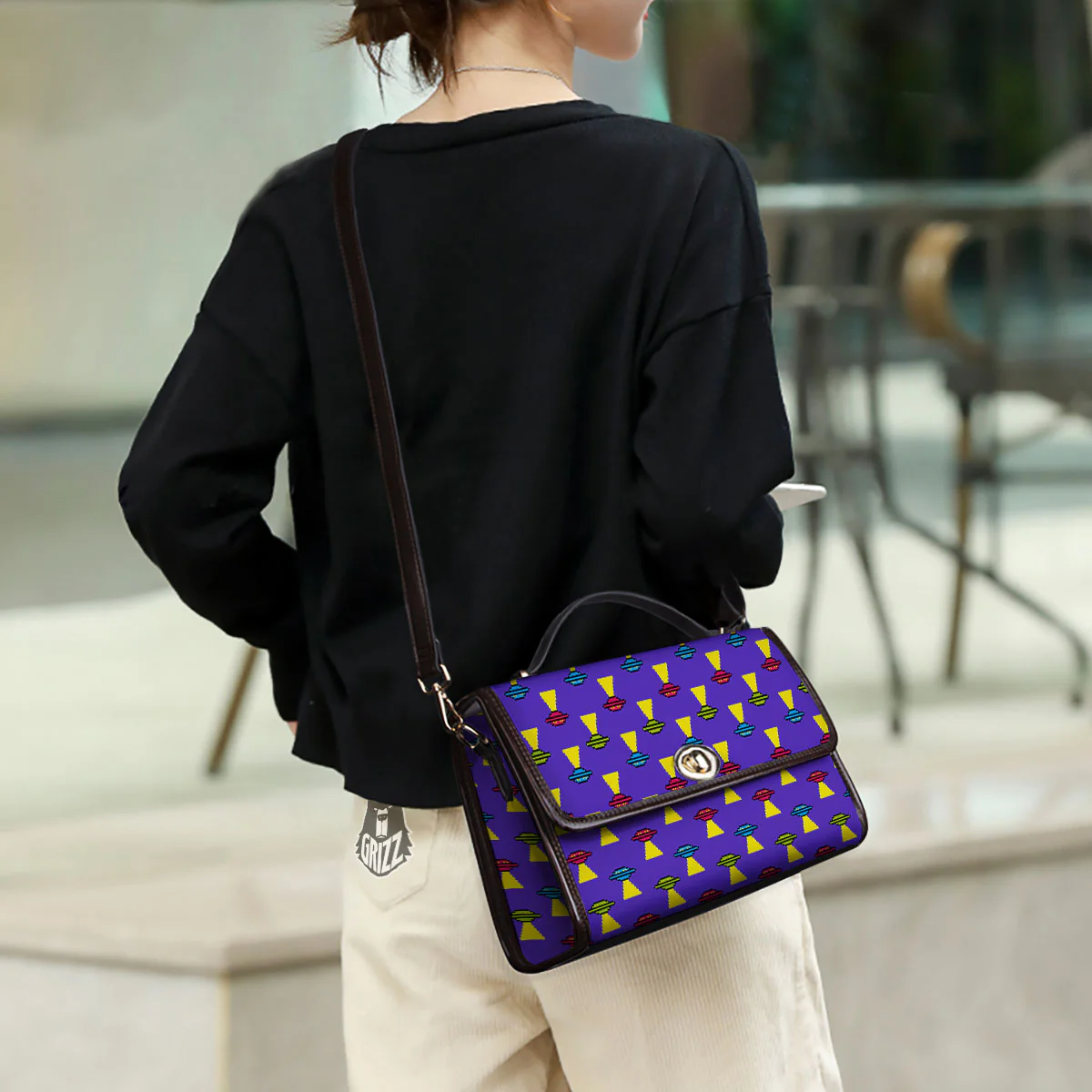 Aliens UFO Pixel Print Pattern Women's Satchel Bag - Image 3