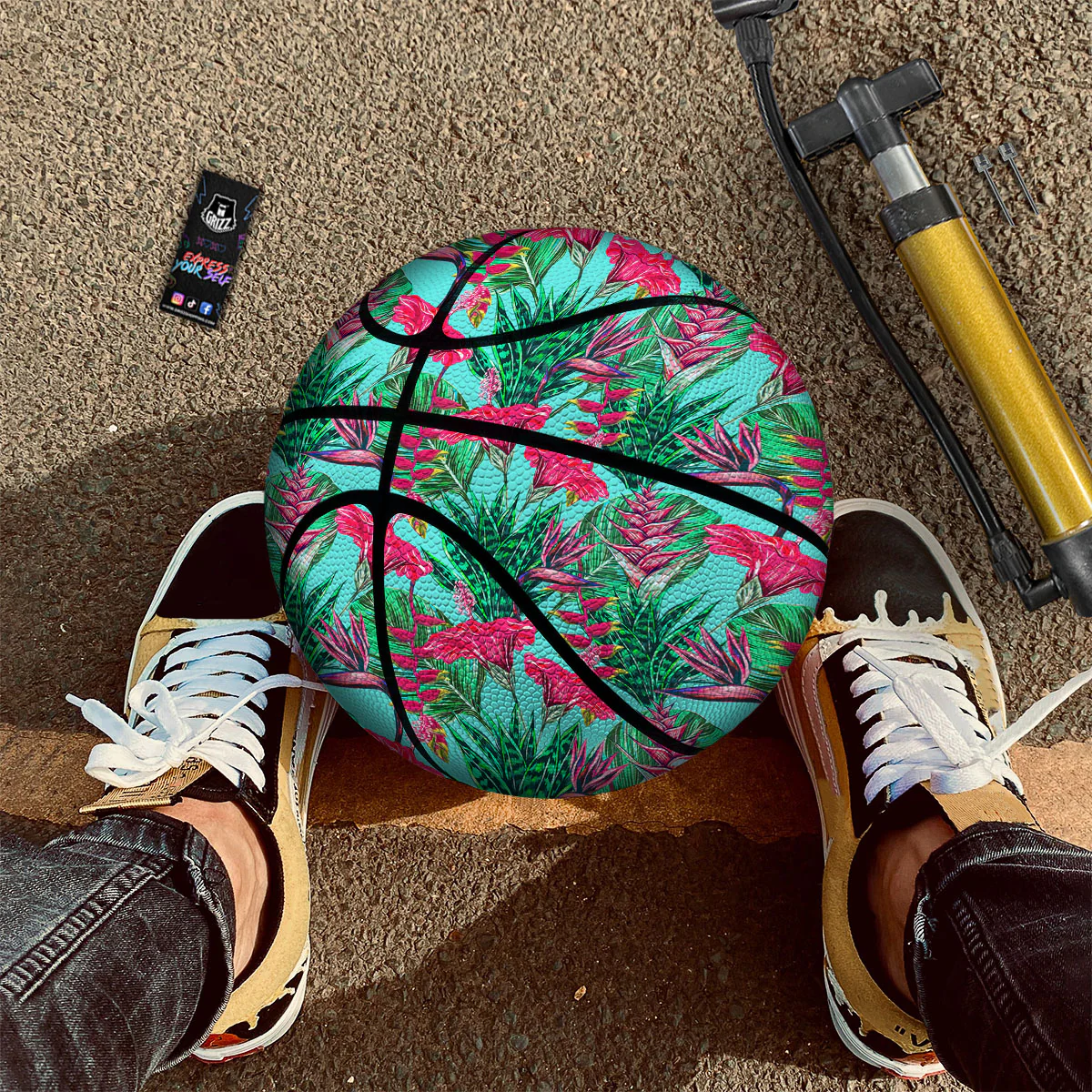 Aloha Hibiscus Hot Teal Pink Print Pattern Basketball - Image 2