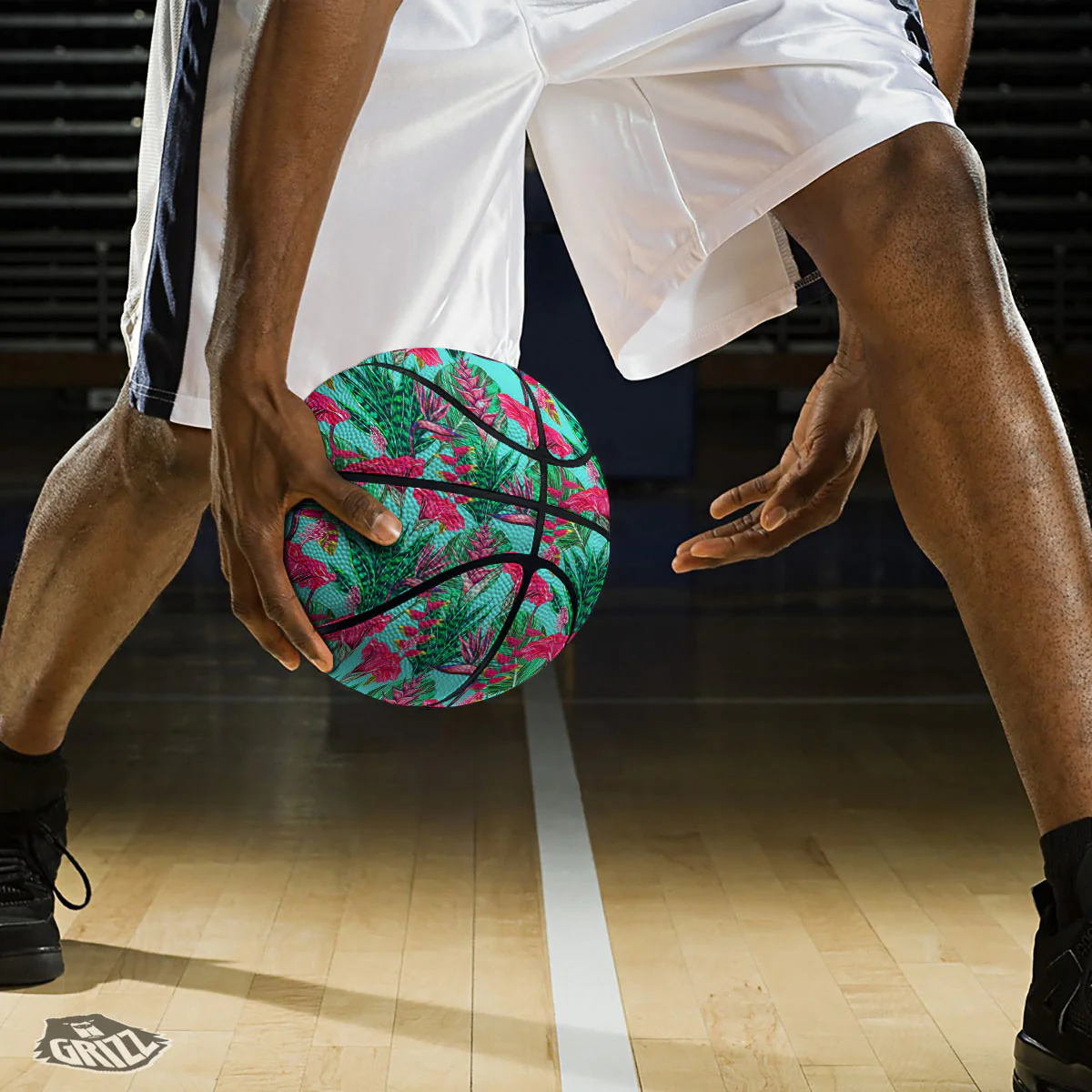 Aloha Hibiscus Hot Teal Pink Print Pattern Basketball - Image 3