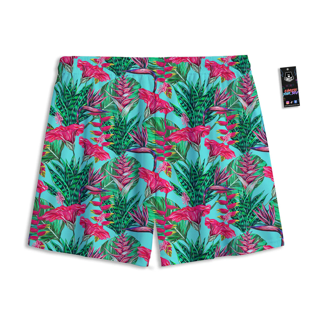 Aloha Hibiscus Hot Teal Pink Print Pattern Mesh Shorts - Image 2