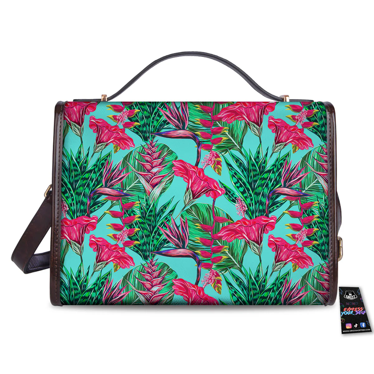 Aloha Hibiscus Hot Teal Pink Print Pattern Women's Satchel Bag - Image 2
