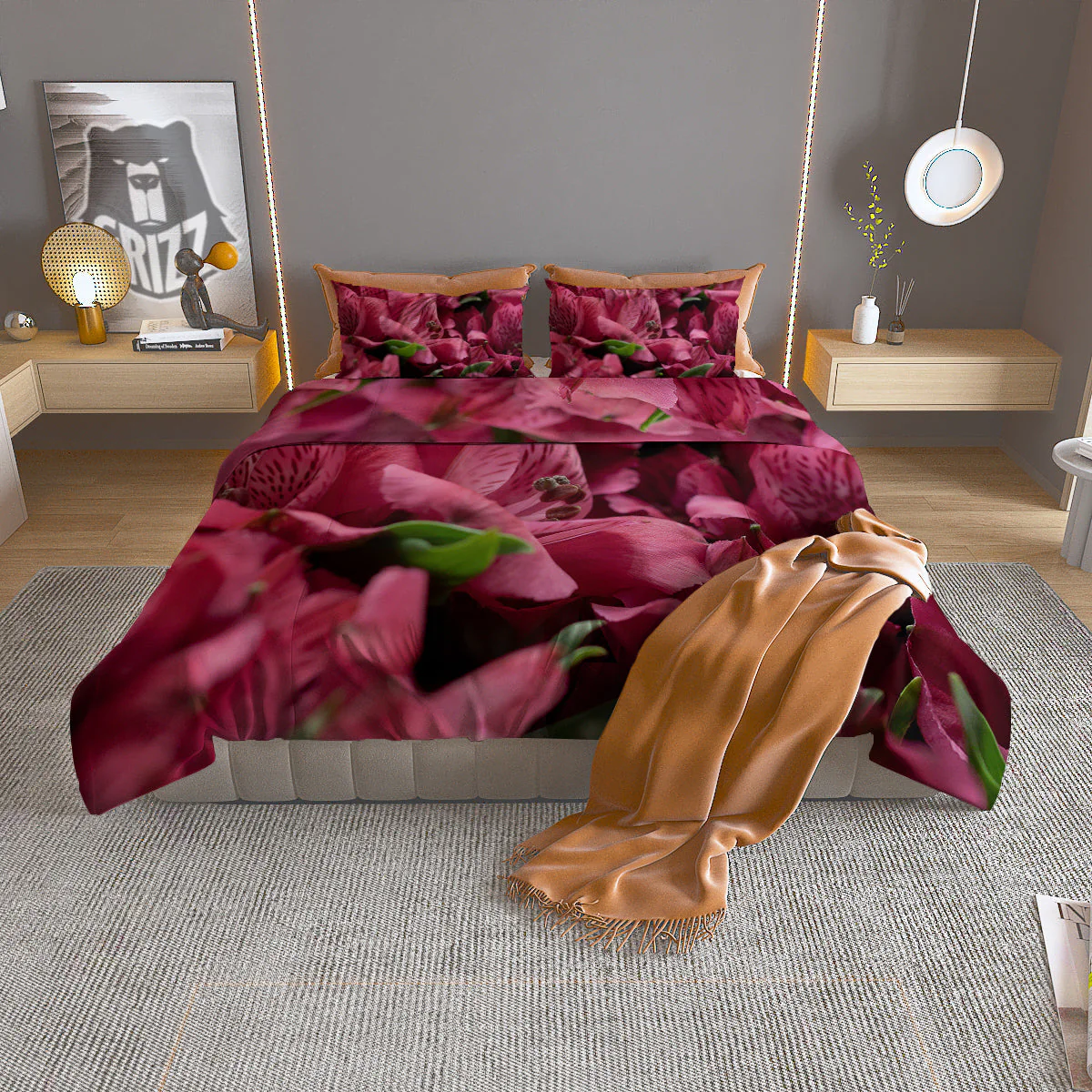 Alstroemeria Burgundy Print Duvet Cover Bedding Set