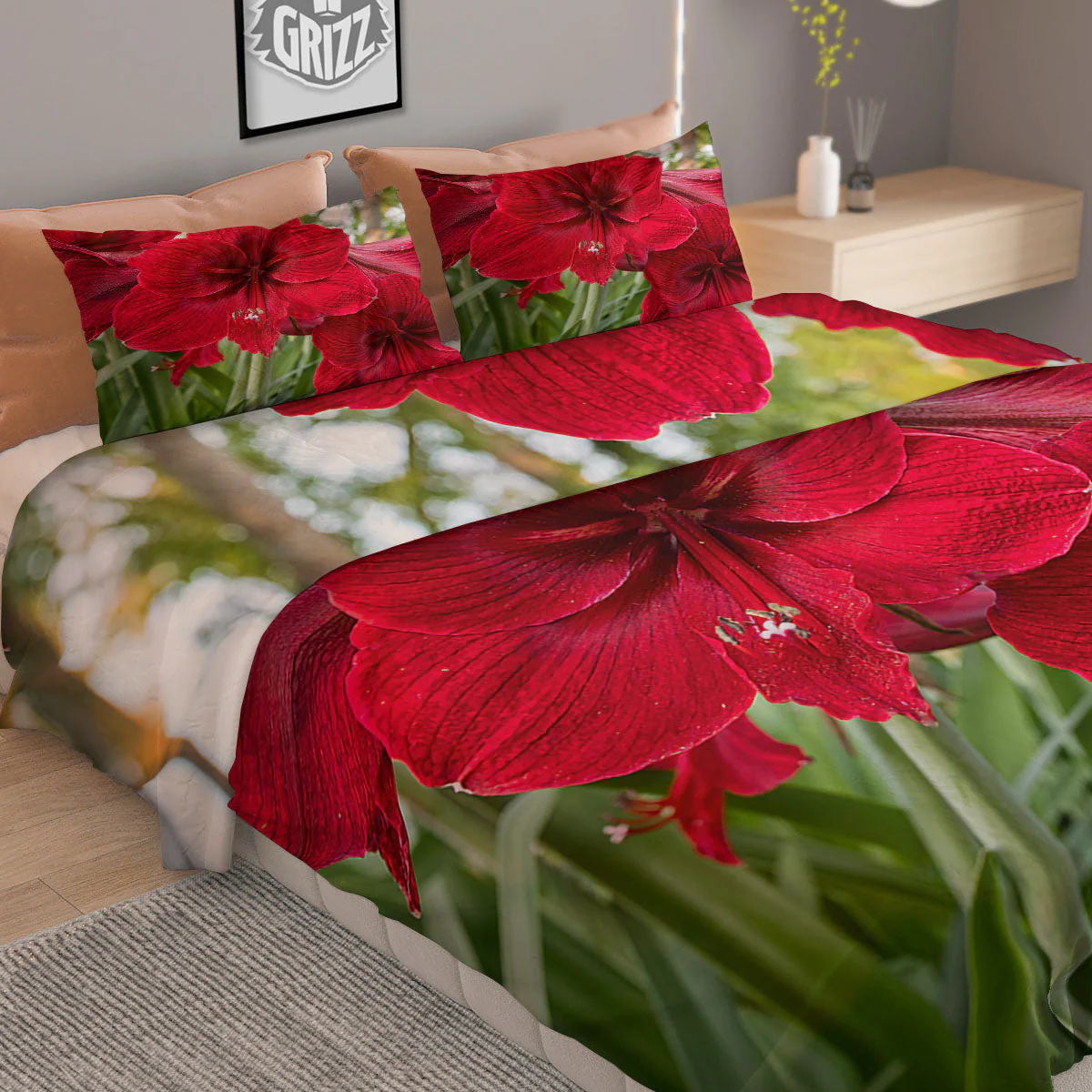 Amaryllis Red Print Duvet Cover Bedding Set - Image 2