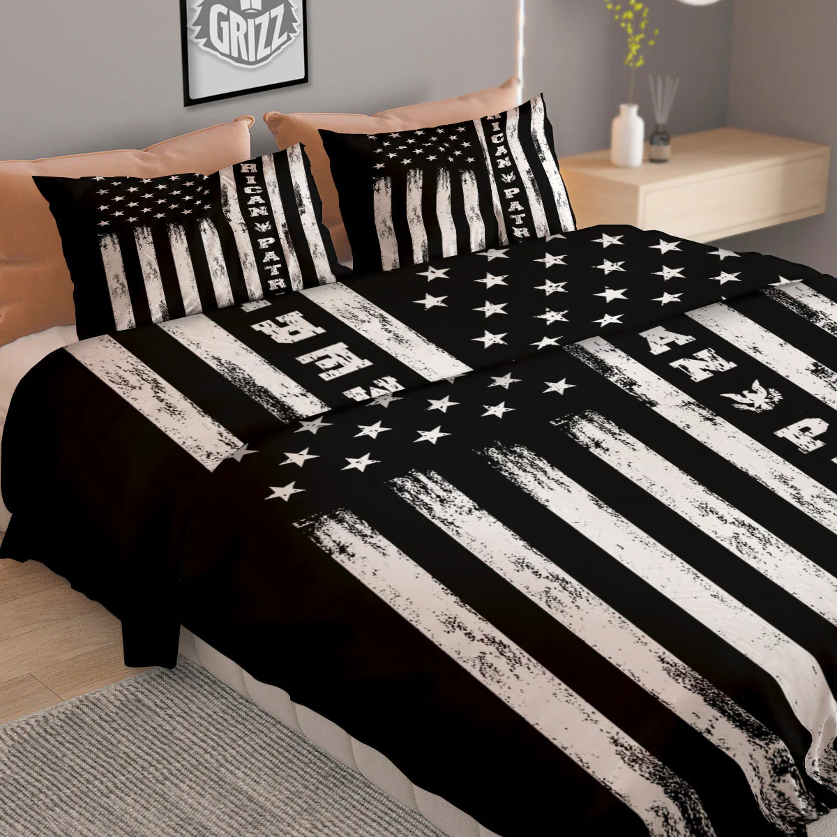 American Flag Grunge White And Black Print Duvet Cover Bedding Set - Image 2