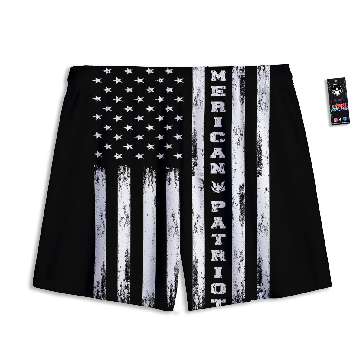American Flag Grunge White And Black Print Mesh Shorts - Image 2