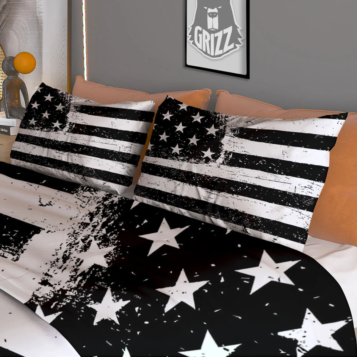 American Flag Monochrome Grunge Print Duvet Cover Bedding Set - Image 3