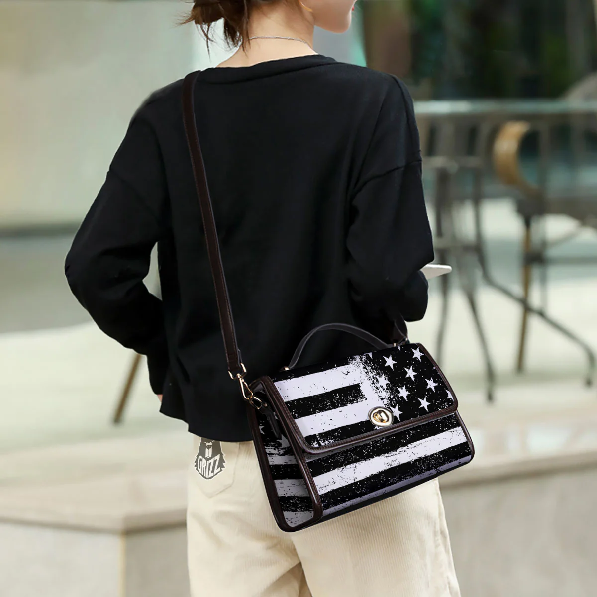 American Flag Monochrome Grunge Print Women's Satchel Bag - Image 3
