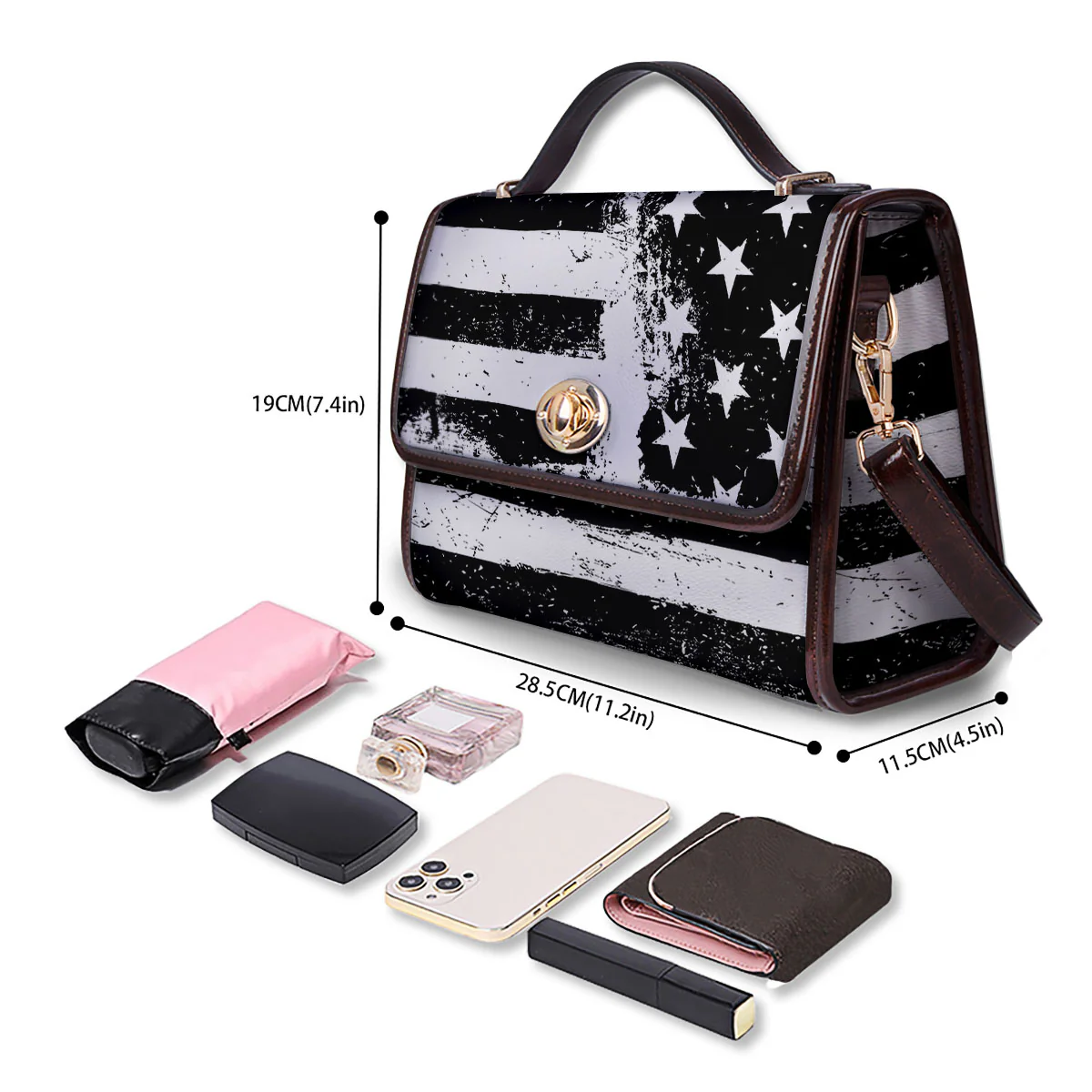 American Flag Monochrome Grunge Print Women's Satchel Bag - Image 4
