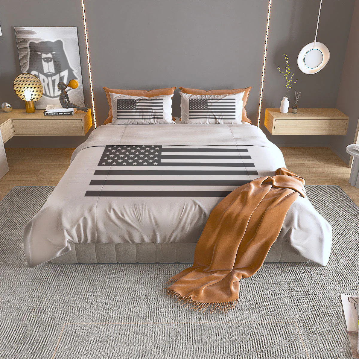 American Flag White And Grey Print Duvet Cover Bedding Set