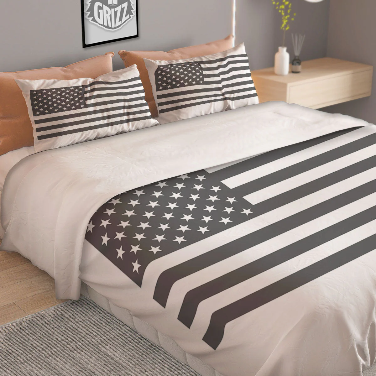 American Flag White And Grey Print Duvet Cover Bedding Set - Image 2