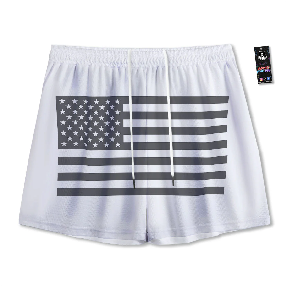 American Flag White And Grey Print Mesh Shorts