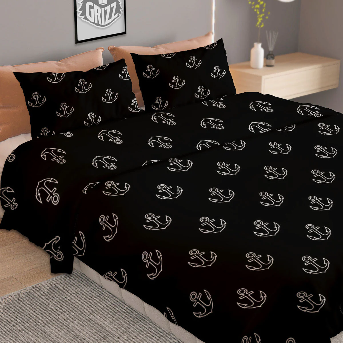 Anchor White And Black Print Pattern Duvet Cover Bedding Set - Image 2