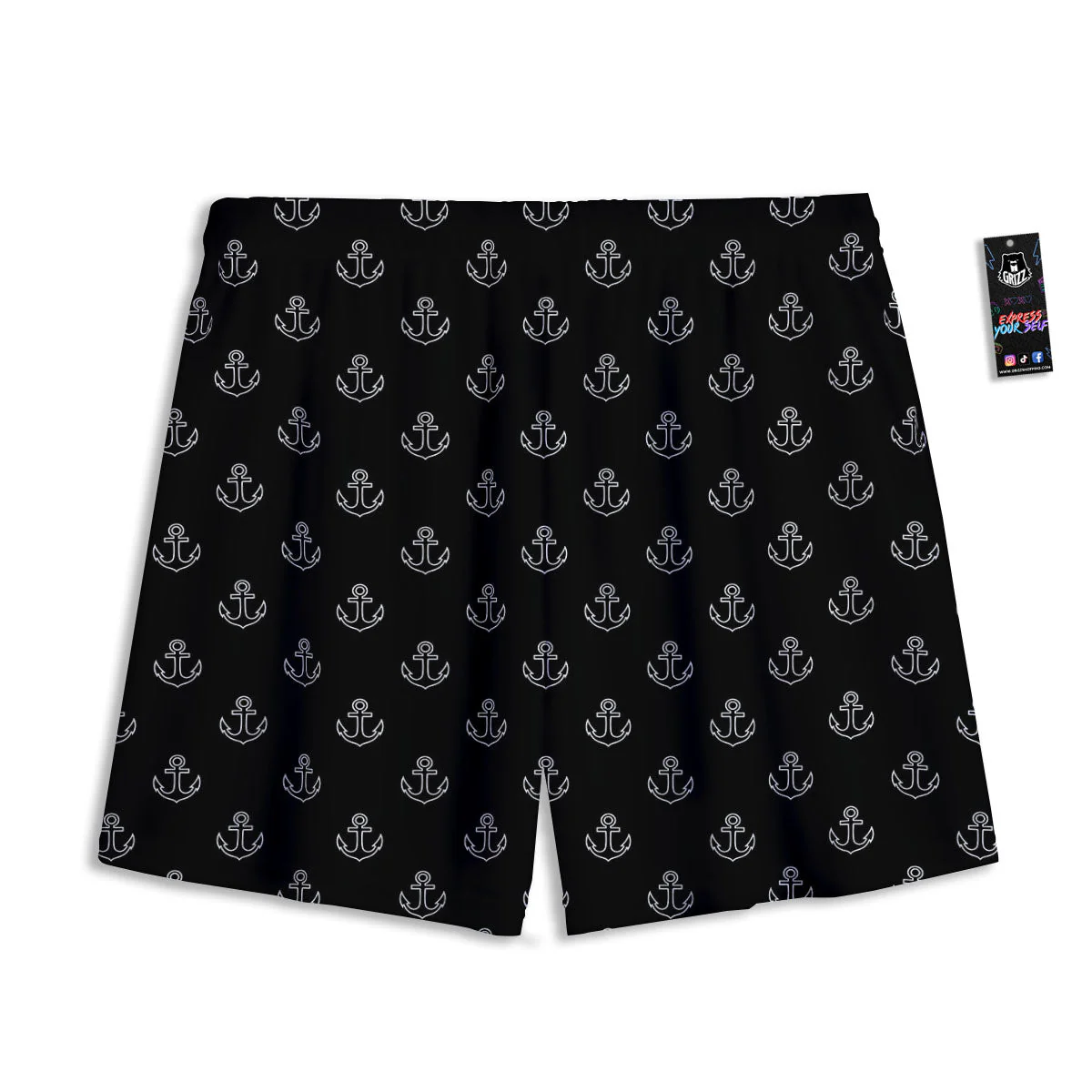 Anchor White And Black Print Pattern Mesh Shorts - Image 2