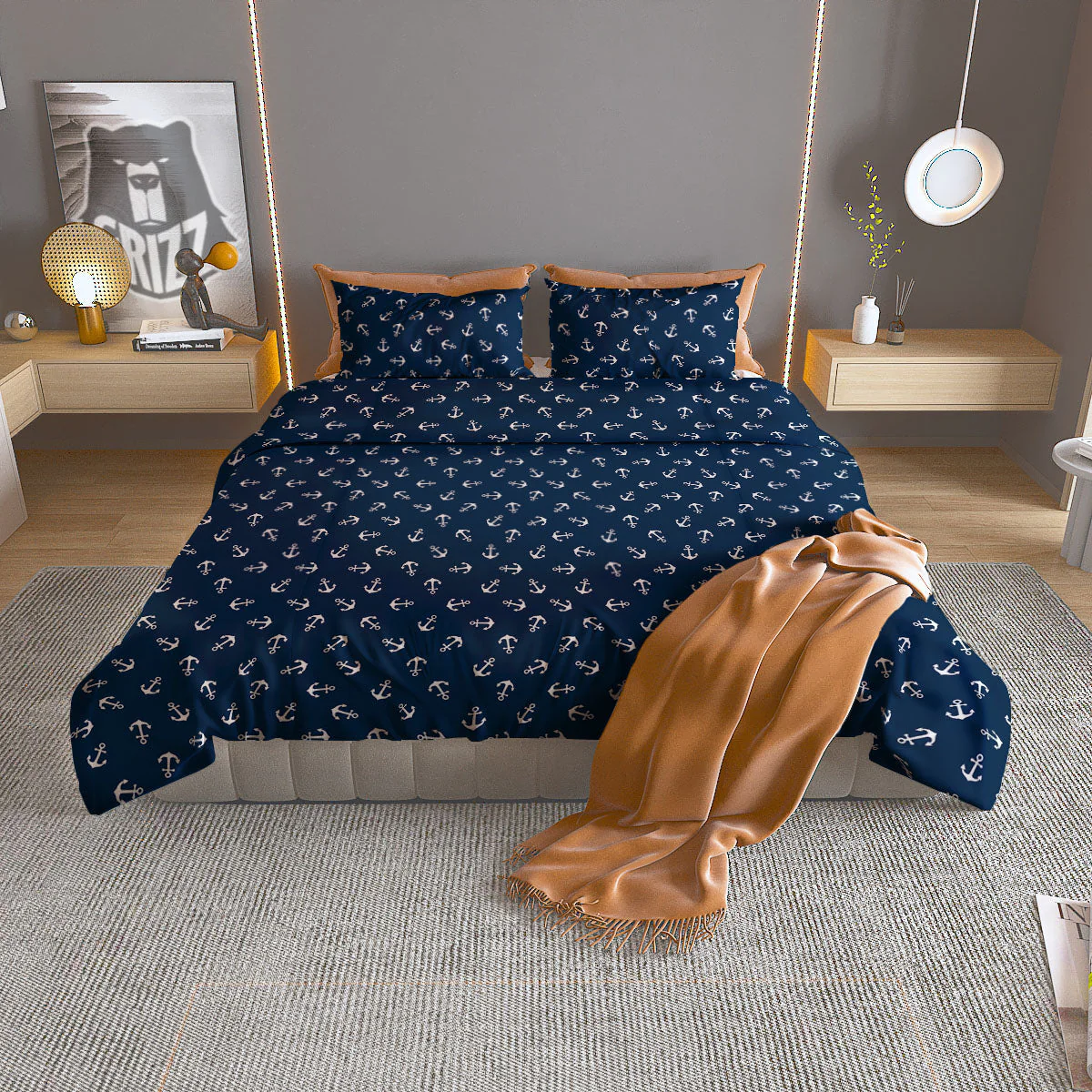Anchor White And Blue Print Pattern Duvet Cover Bedding Set