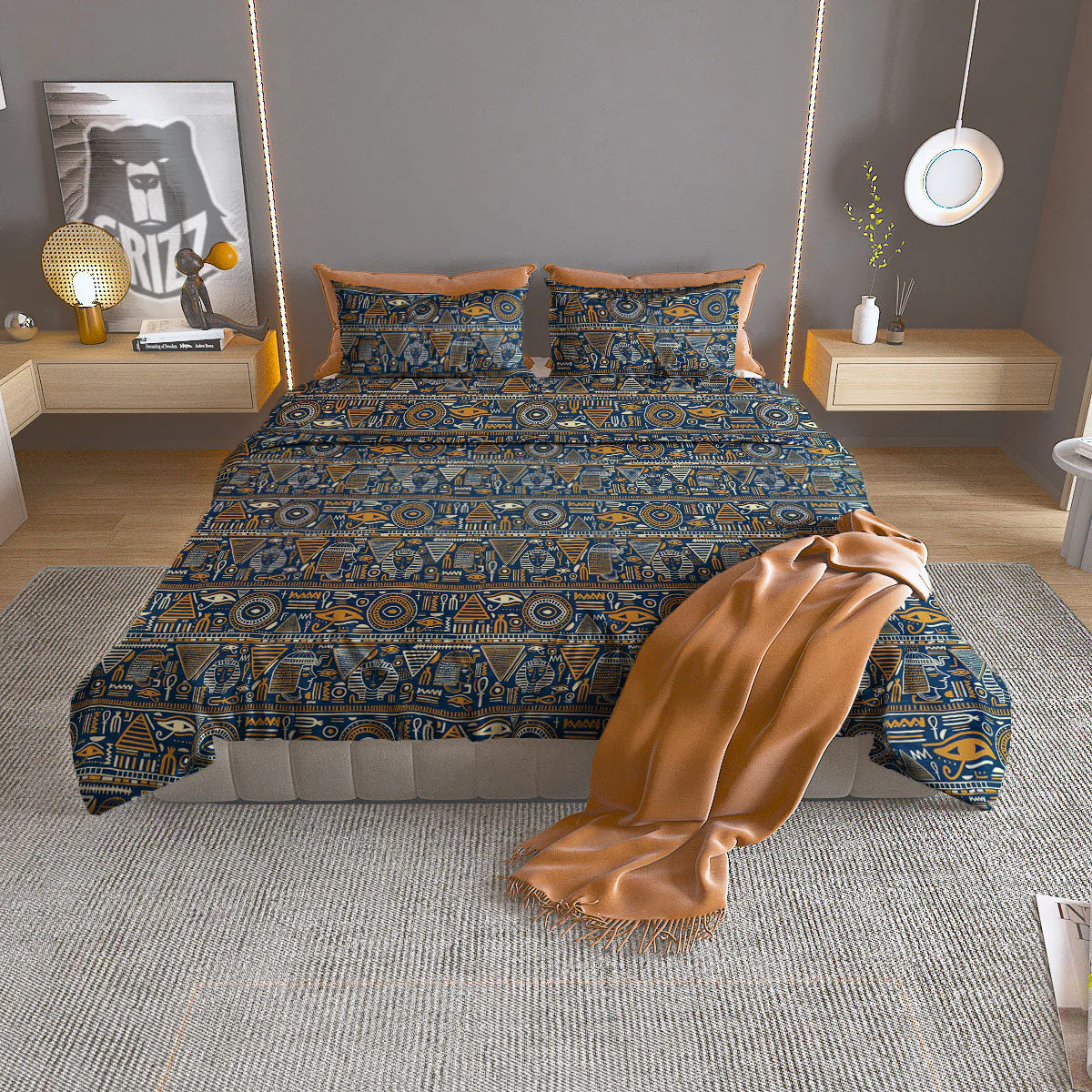 Ancient Egyptian Tribal Blue Print Pattern Duvet Cover Bedding Set