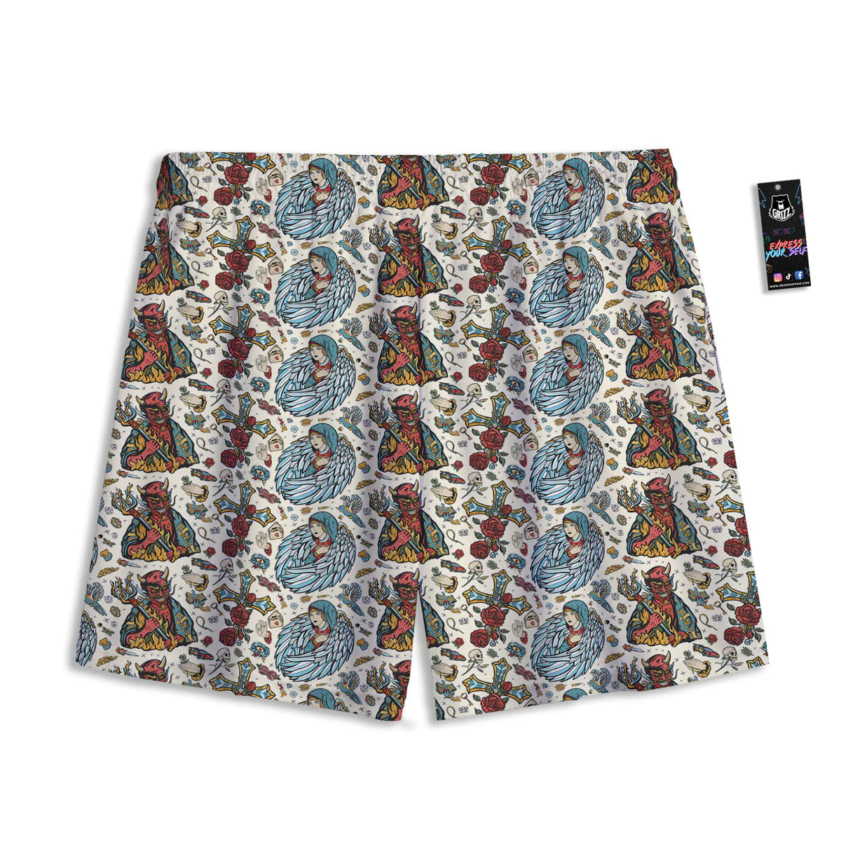 Angel And Demon Old School Tattoo Print Pattern Mesh Shorts - Image 2