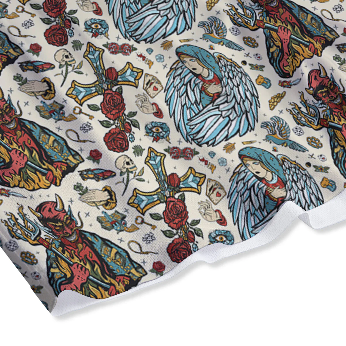 Angel And Demon Old School Tattoo Print Pattern Mesh Shorts - Image 4