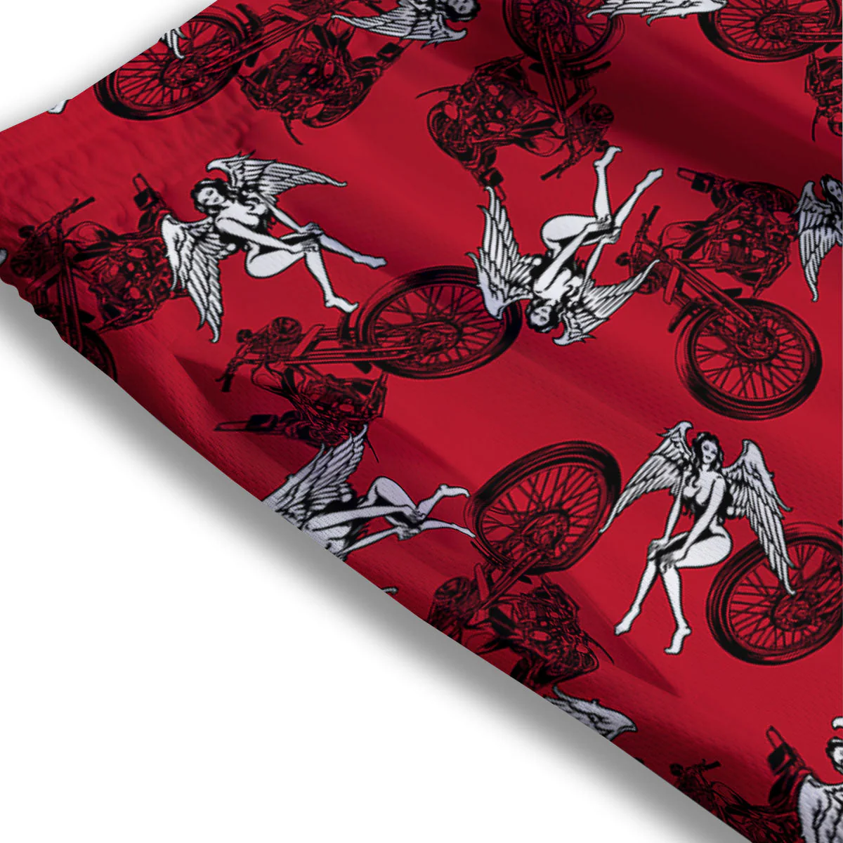 Angel And Motorcycle Print Pattern Mesh Shorts - Image 3