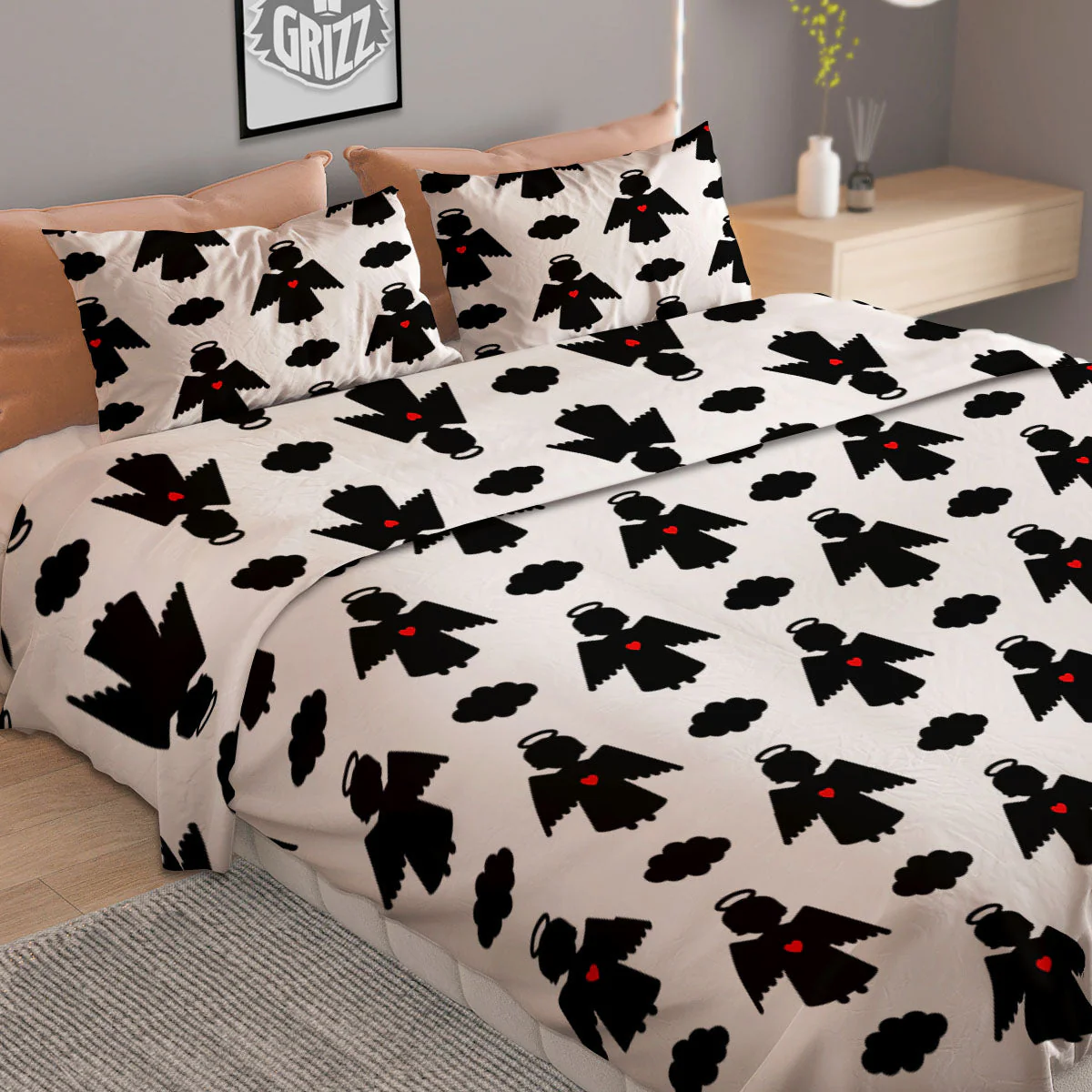Angel White And Black Print Pattern Duvet Cover Bedding Set - Image 2