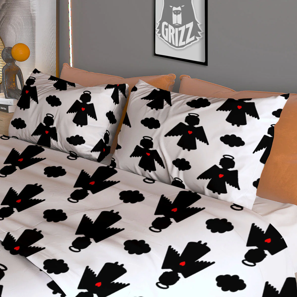 Angel White And Black Print Pattern Duvet Cover Bedding Set - Image 3