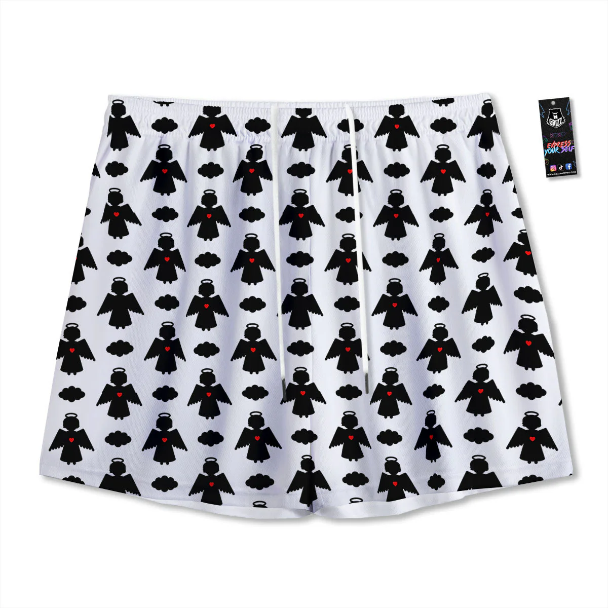 Angel White And Black Print Pattern Mesh Shorts