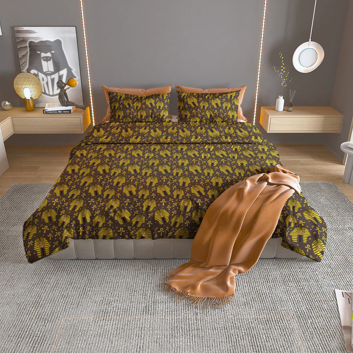 Ankh And Pharaoh Print Pattern Duvet Cover Bedding Set