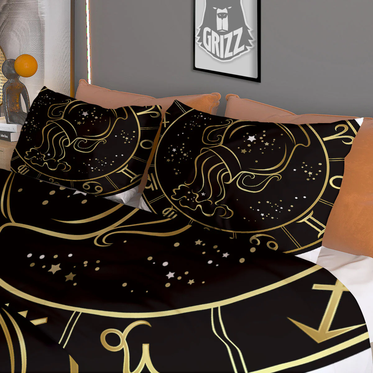 Aquarius Sign Black And Gold Print Duvet Cover Bedding Set - Image 3