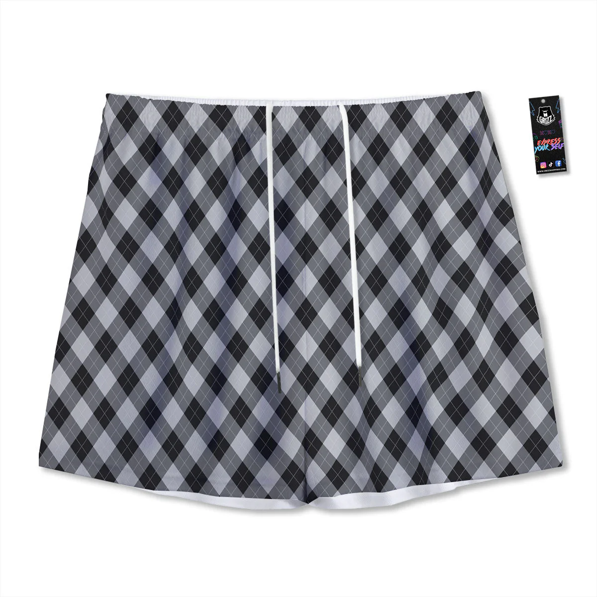 Argyle Black And Grey Print Pattern Mesh Shorts