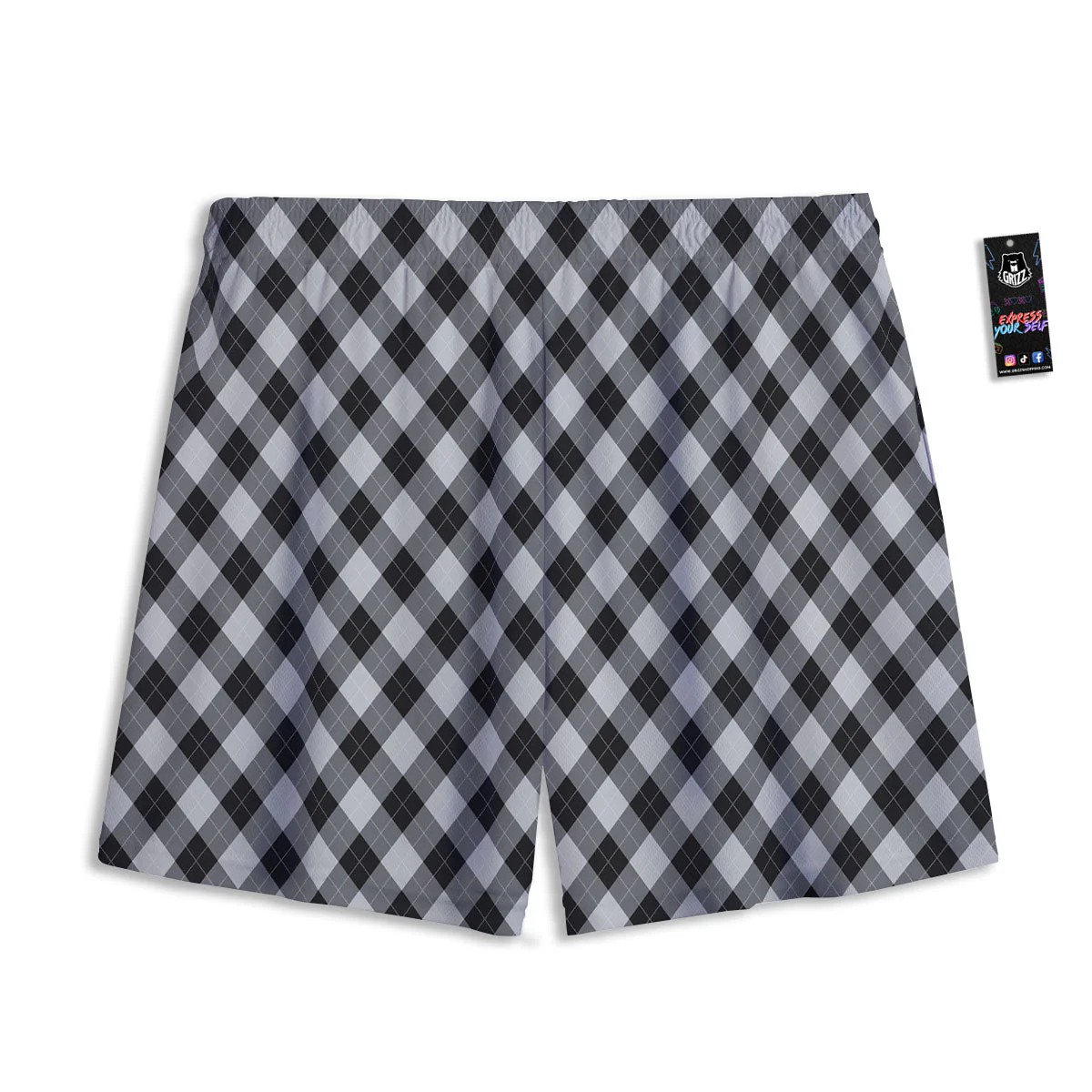 Argyle Black And Grey Print Pattern Mesh Shorts - Image 2