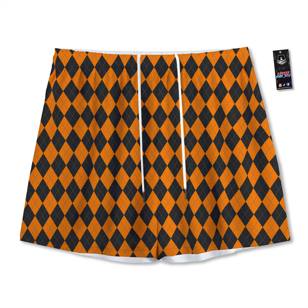 Argyle Black And Orange Print Mesh Shorts