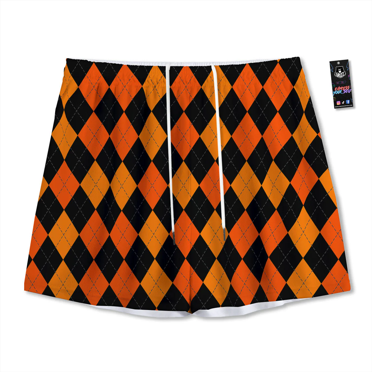 Argyle Black And Orange Print Pattern Mesh Shorts