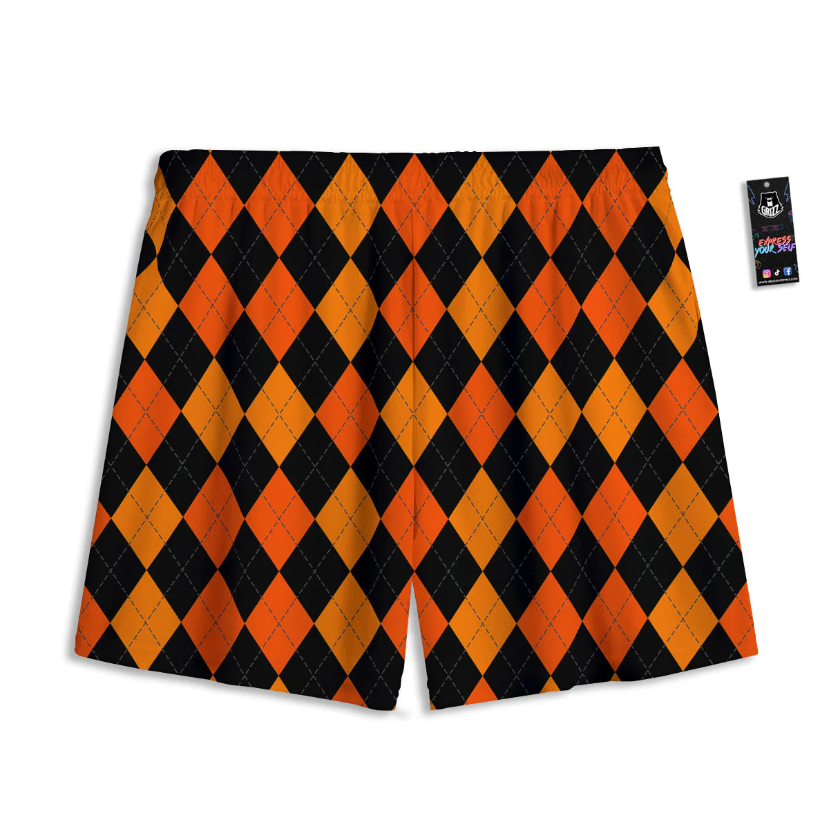 Argyle Black And Orange Print Pattern Mesh Shorts - Image 2