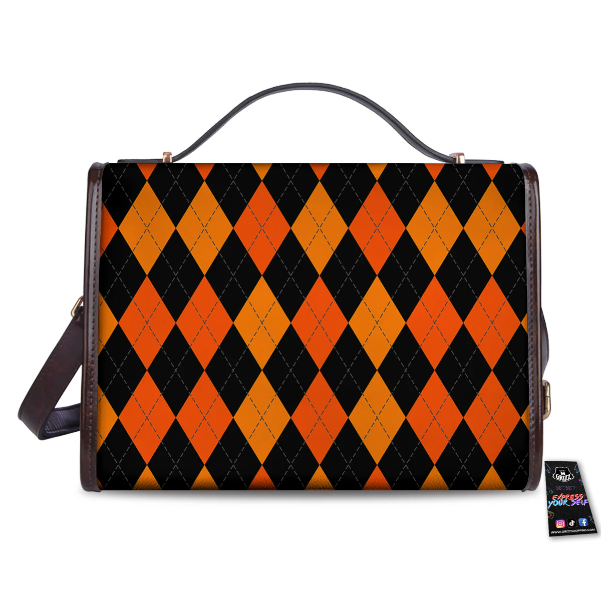Argyle Black And Orange Print Pattern Women's Satchel Bag - Image 2