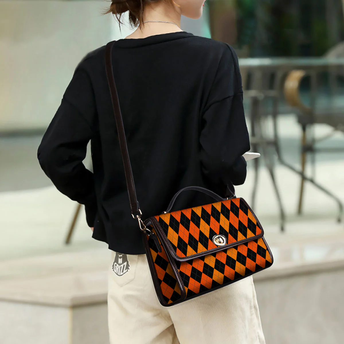 Argyle Black And Orange Print Pattern Women's Satchel Bag - Image 3