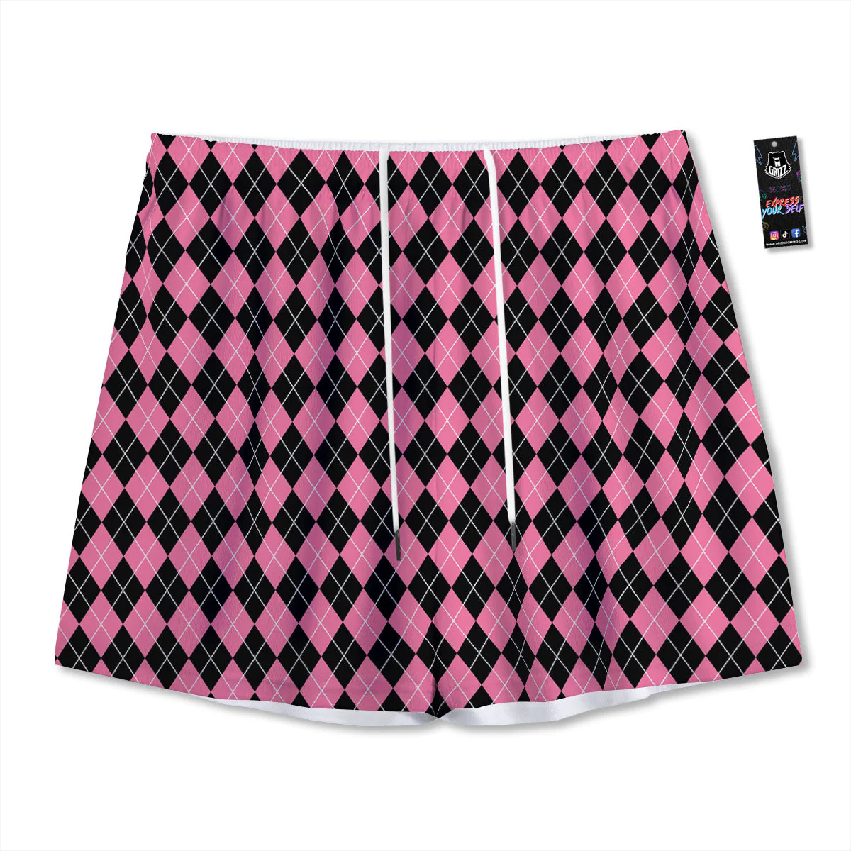 Argyle Black And Pink Print Pattern Mesh Shorts