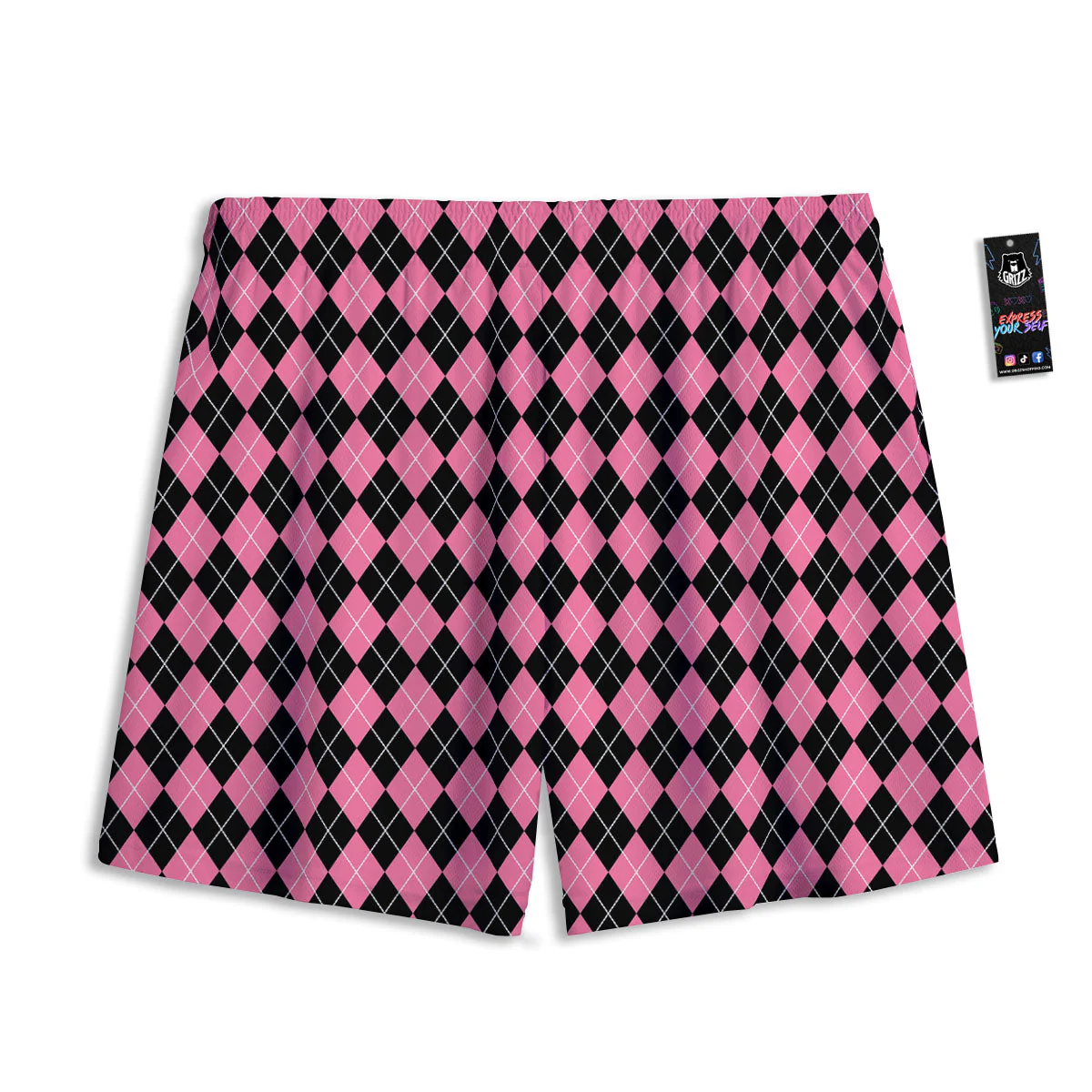 Argyle Black And Pink Print Pattern Mesh Shorts - Image 2