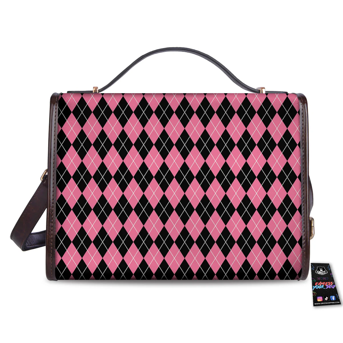 Argyle Black And Pink Print Pattern Women's Satchel Bag - Image 2