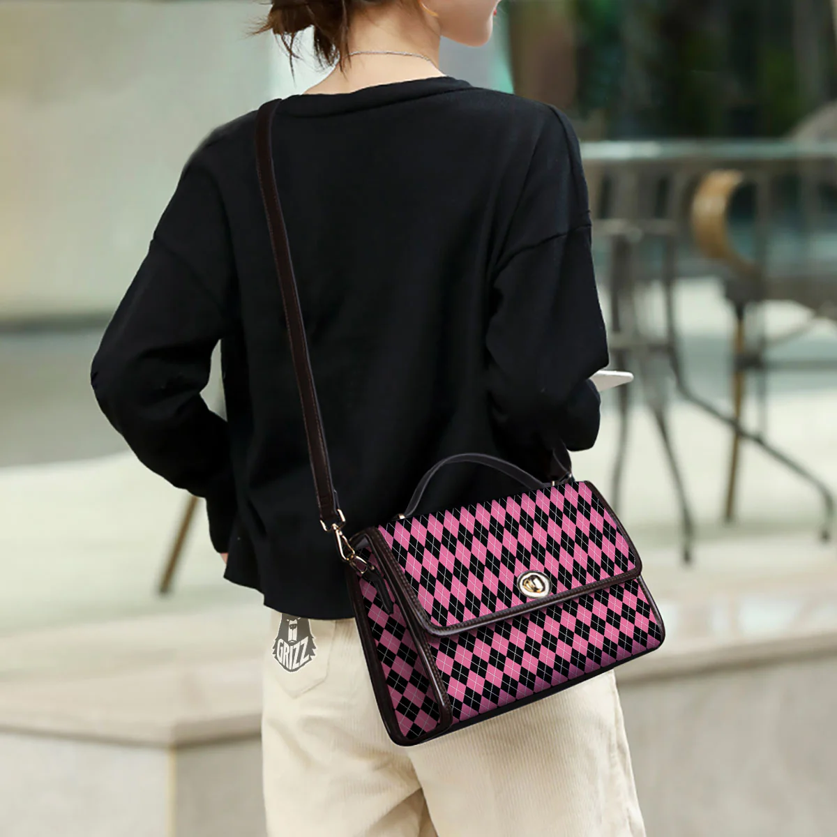 Argyle Black And Pink Print Pattern Women's Satchel Bag - Image 3