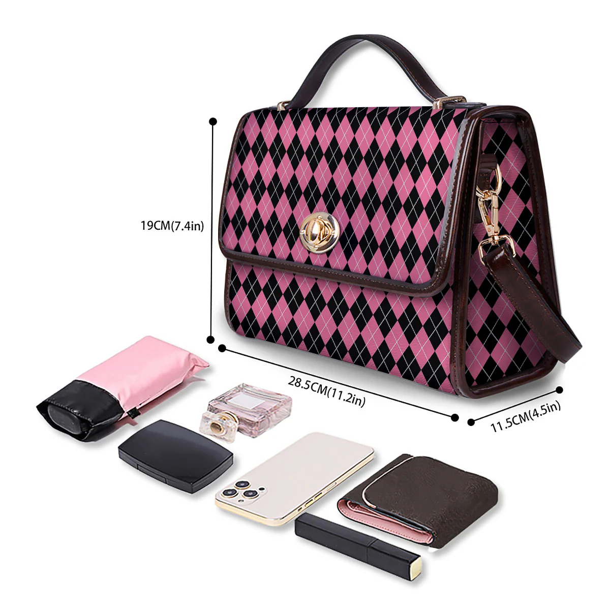 Argyle Black And Pink Print Pattern Women's Satchel Bag - Image 4