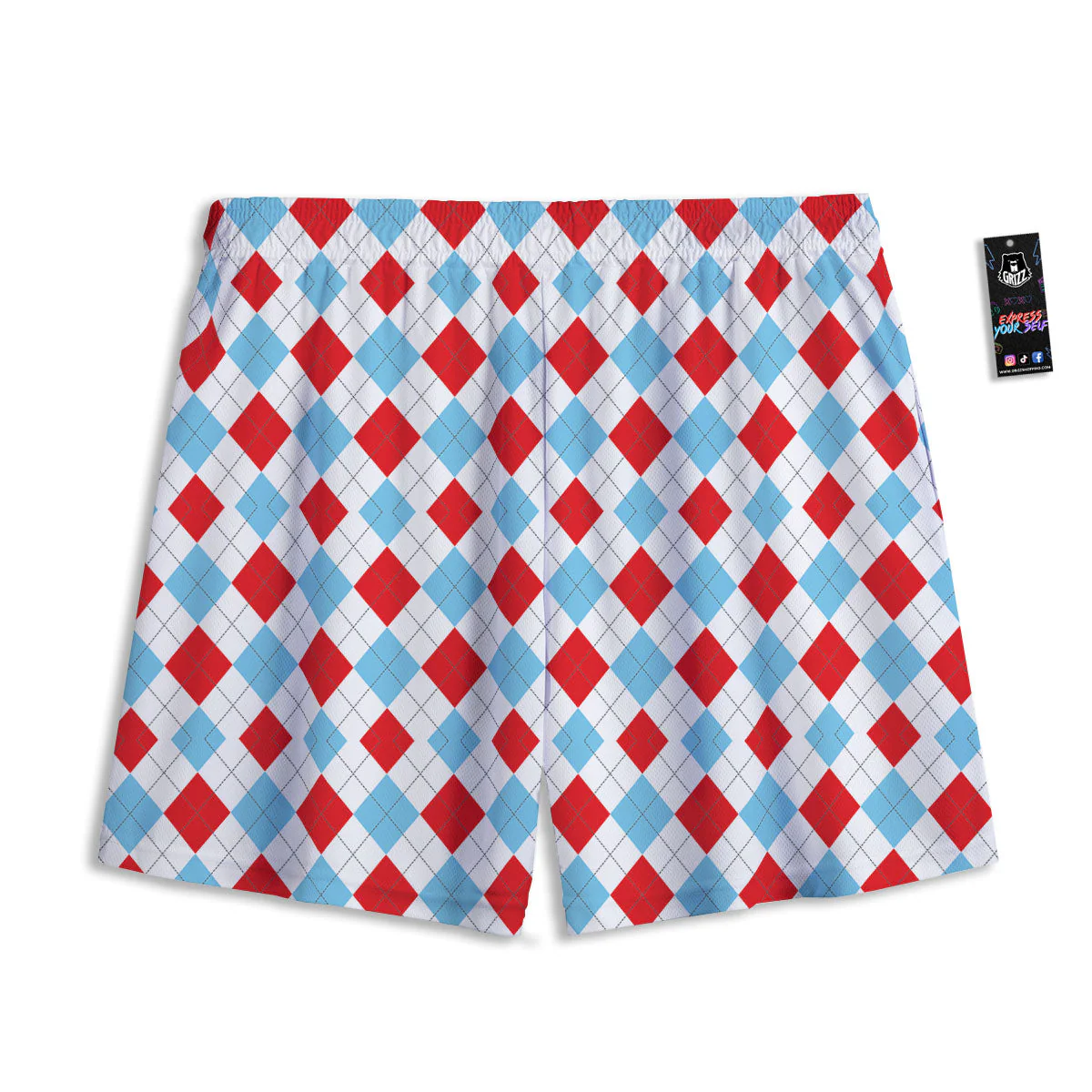 Argyle Blue And Red Print Pattern Mesh Shorts - Image 2