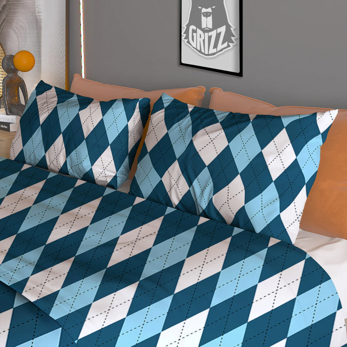 Argyle Blue And White Print Pattern Duvet Cover Bedding Set - Image 3