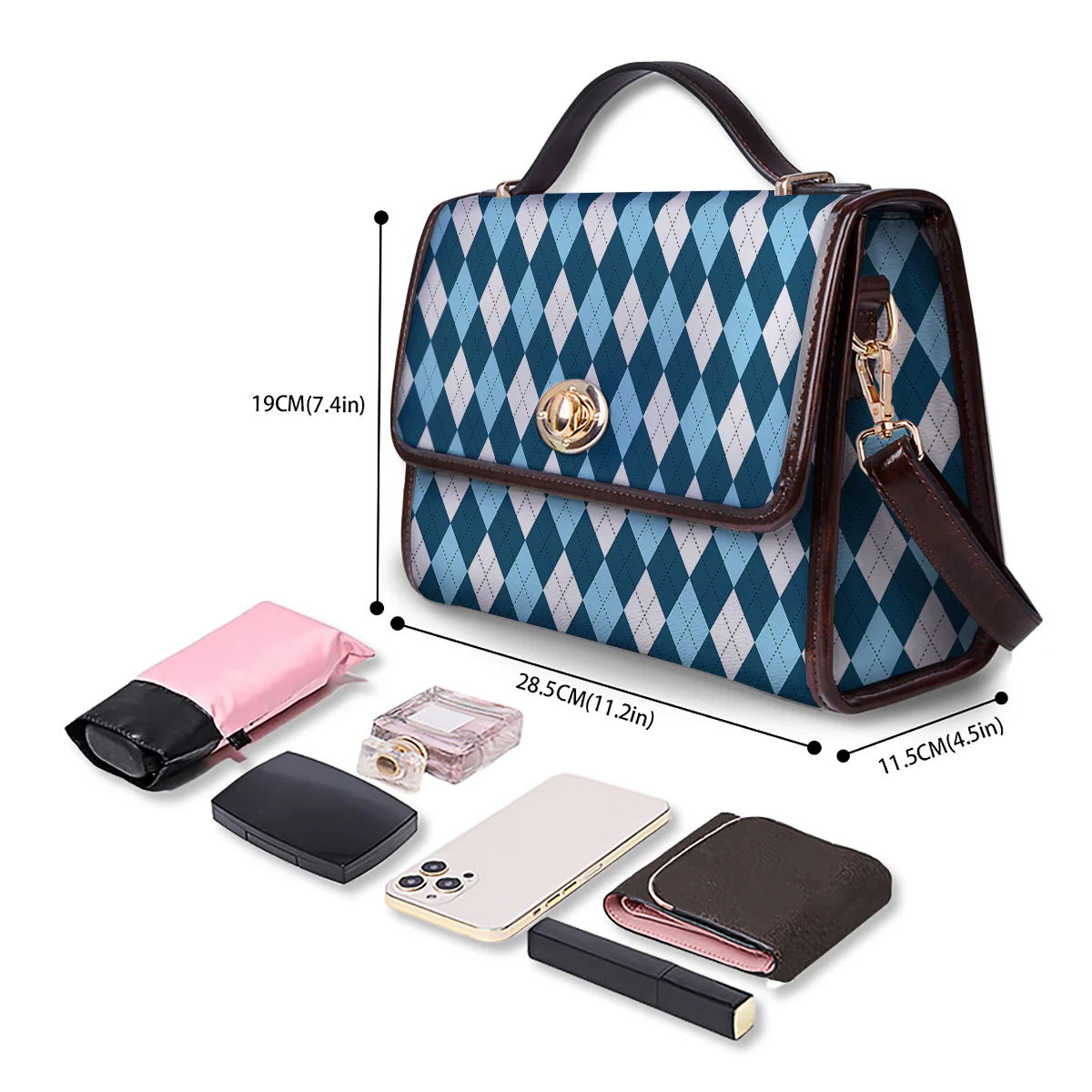 Argyle Blue And White Print Pattern Women's Satchel Bag - Image 4